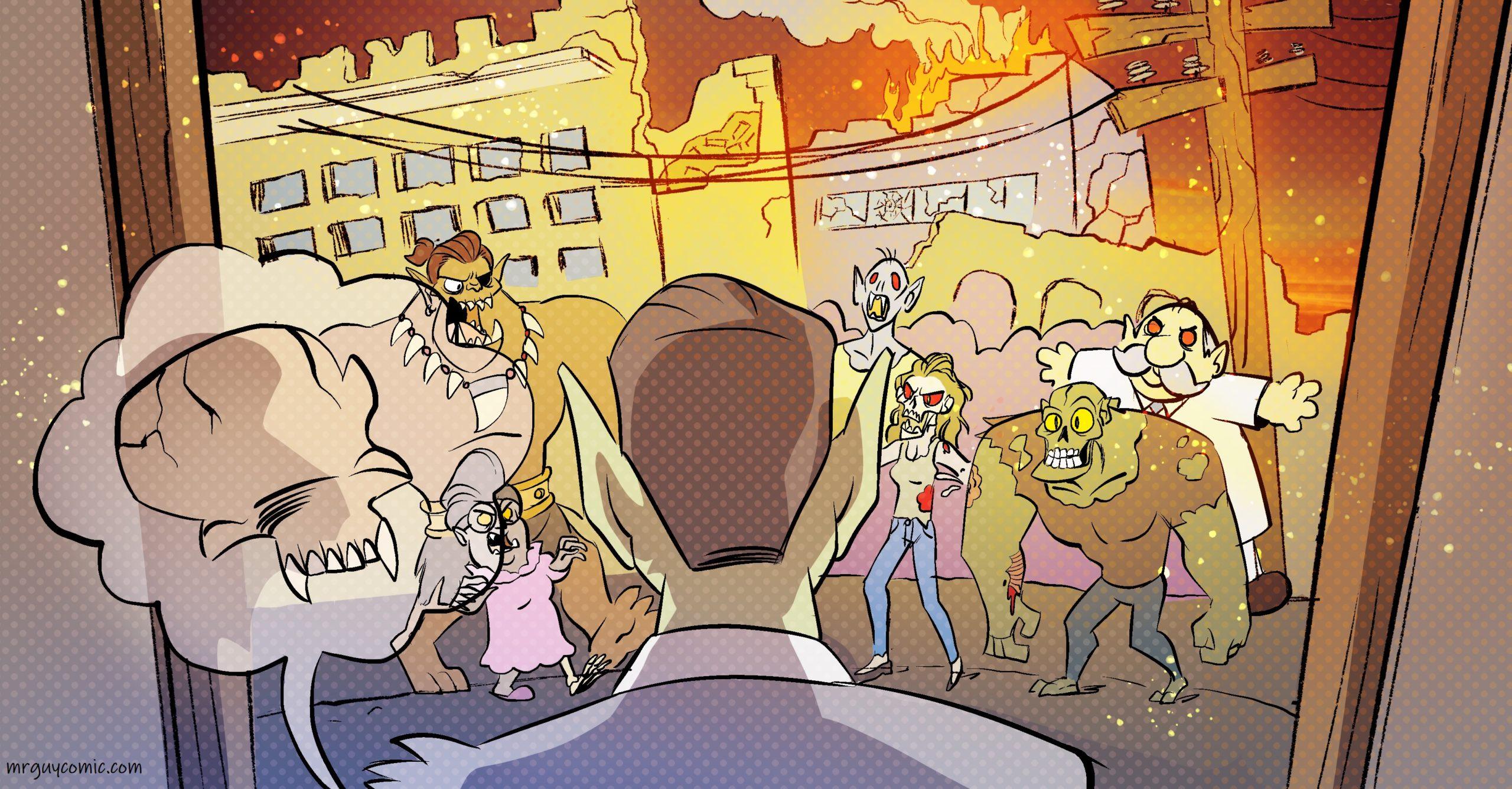 town on fire panel by diana camero for mr. guy zombie hunter